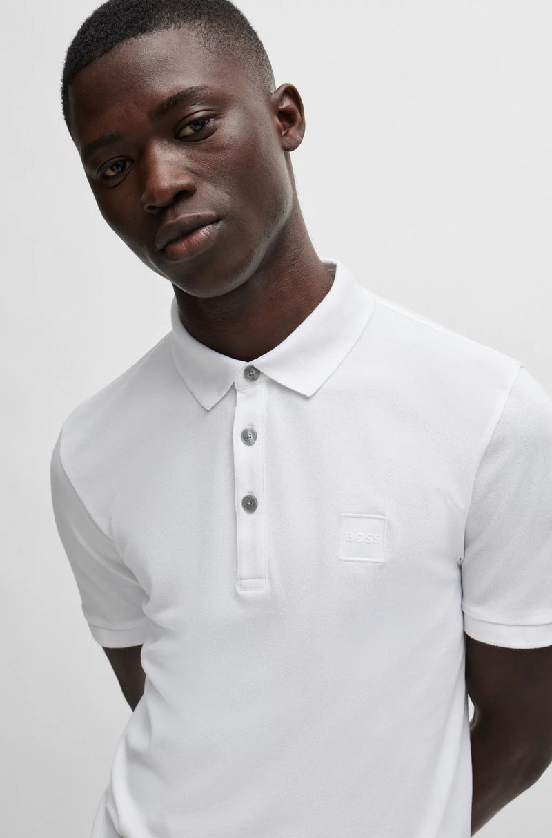 BOSS Men's Stretch-Cotton Slim-Fit Polo Shirt With Logo Patch - White